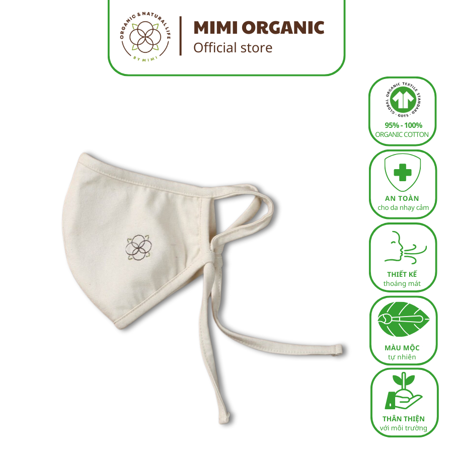 Khẩu trang Mimi Organic Official sợi bông hữu cơ màu trắng ngà mềm mại, thấm hút tốt
