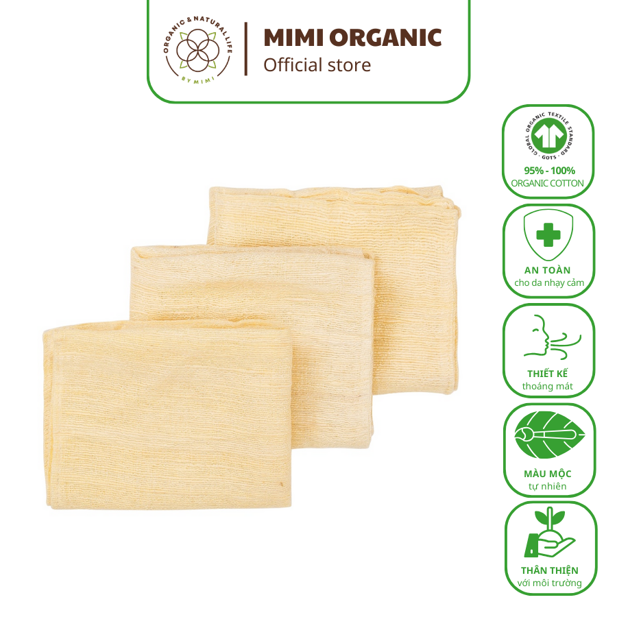 Khăn mặt Organic and Natural Life by Mimi đũi tơ tằm màu vàng mộc, mềm mại cho bé 30x30cm