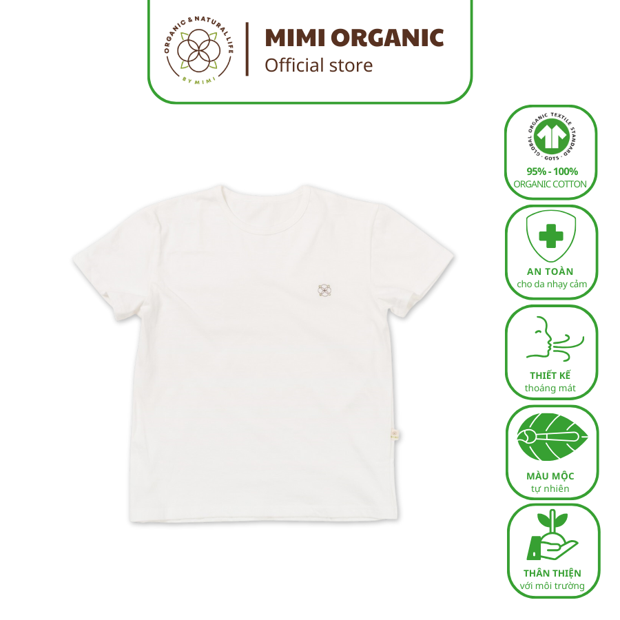 Áo phông Mimi Organic  trẻ em sợi bông hữu cơ màu trắng ngà nhãn thêu màu mềm mịn siêu thoáng kháng khuẩn