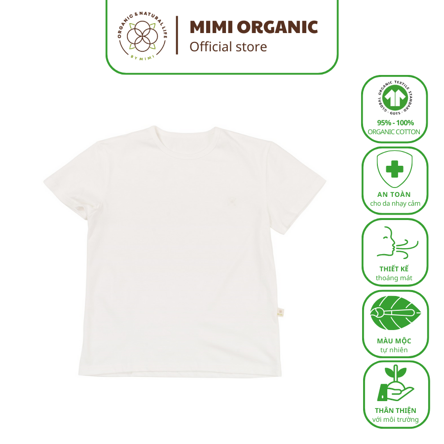 Áo phông trẻ em Mimi Organic sợi bông hữu cơ màu trắng ngà nhãn thêu chìm mềm mịn siêu thoáng kháng khuẩn
